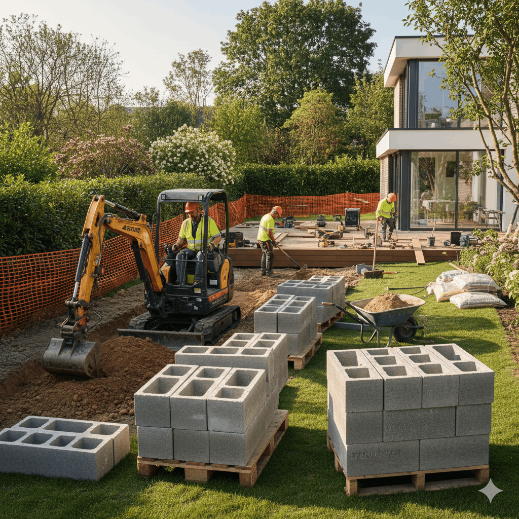 Baumaschinen im Vorgarten Bauarbeiten im Garten Jede menge Projekte sind möglich